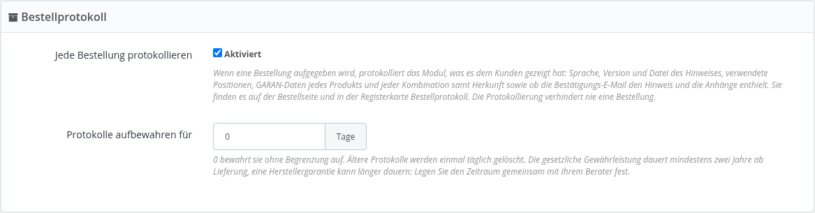 Einstellungen des Bestellprotokolls