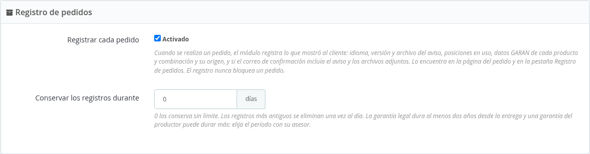 Ajustes del registro de pedidos