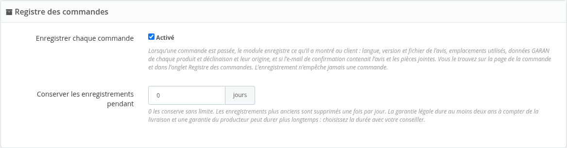 Réglages du registre des commandes