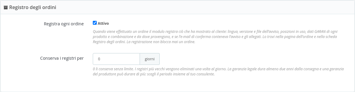 Impostazioni del registro degli ordini