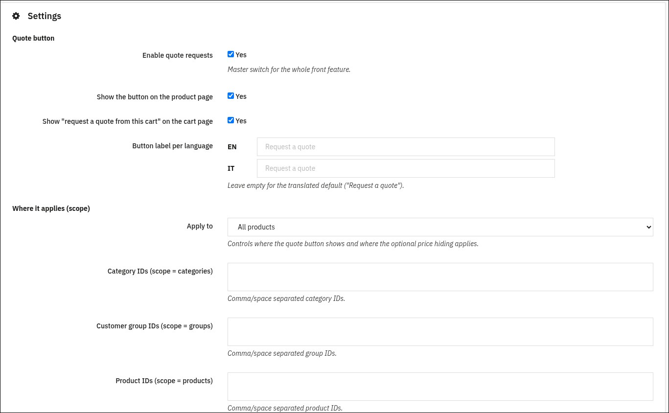 Screenshot des Moduls Angebotsanfragen in der PrestaShop-9-Demo: Angebots-Button auf der Produktseite und im Warenkorb, Geltungsbereich nach Produkten, Kategorien, Kundengruppen oder einzelnen Produkten