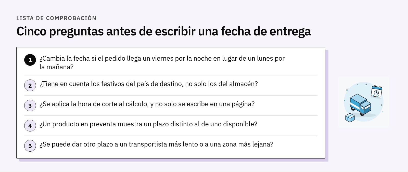 Lista de cinco preguntas: viernes por la noche frente a lunes por la mañana, festivos del país de destino, hora de corte aplicada, preventa, plazos distintos por transportista o zona