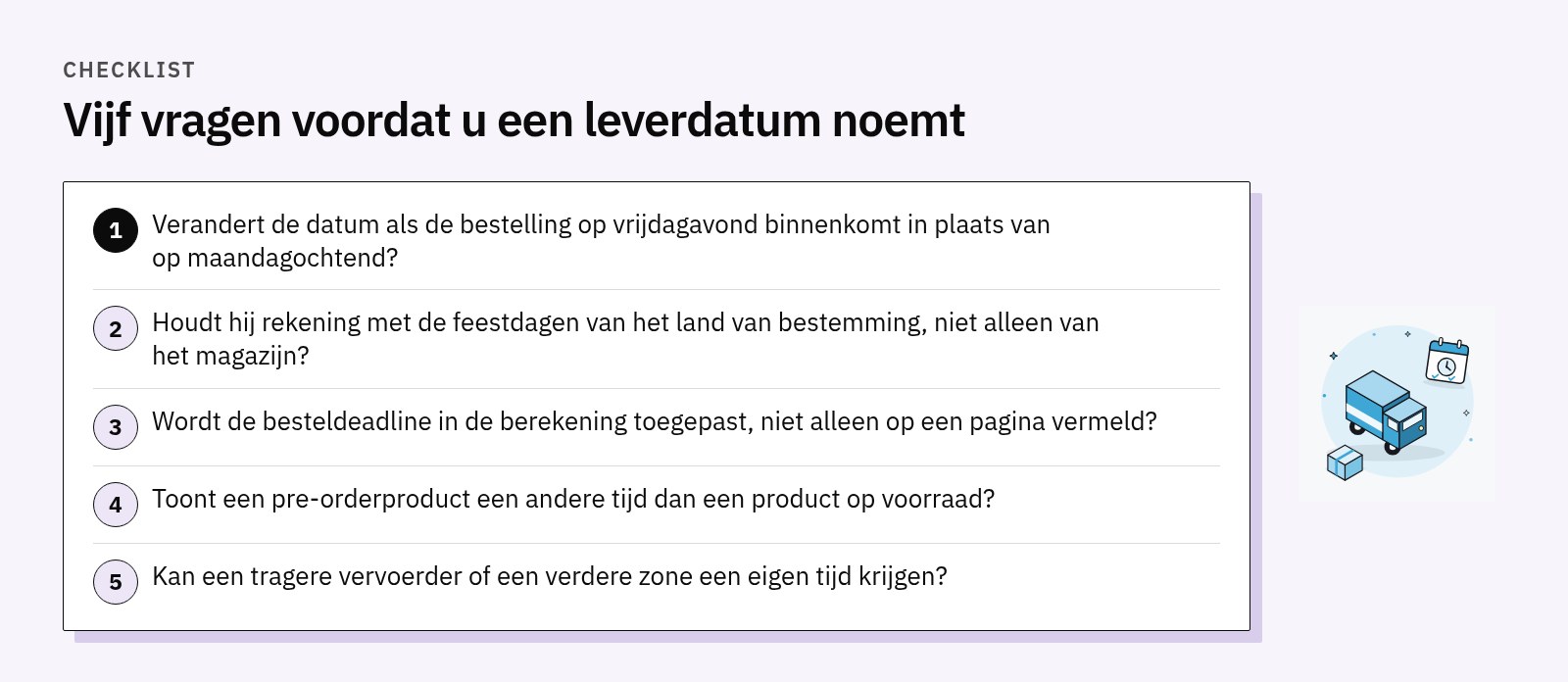 Checklist met vijf vragen: vrijdagavond tegenover maandagochtend, feestdagen van het bestemmingsland, toegepaste besteldeadline, pre-order, andere tijden per vervoerder of zone