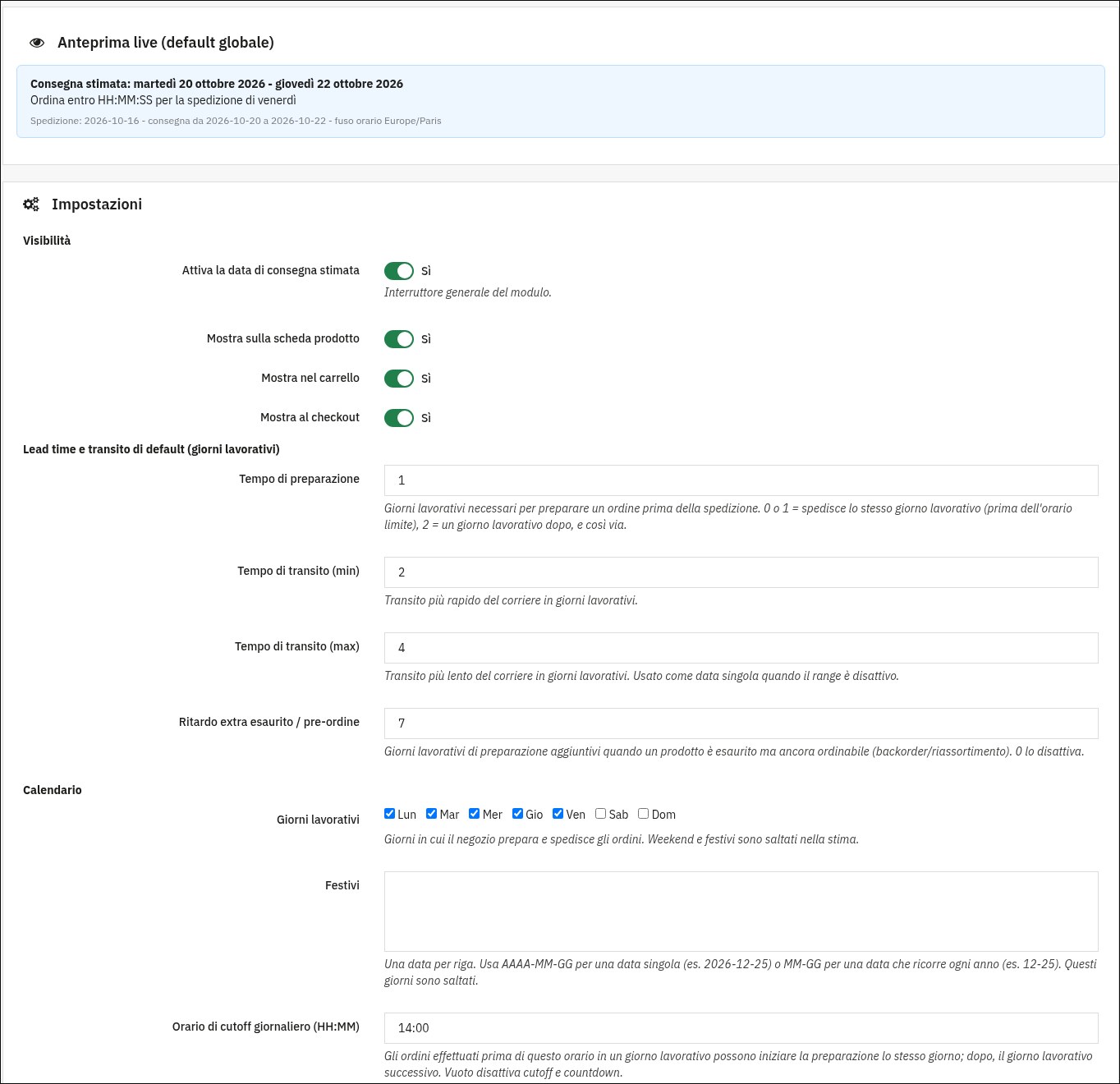 Captura del módulo de fecha de entrega en la demo de PrestaShop 9: vista previa de la entrega estimada, preparación, tránsito mínimo y máximo, retraso por agotado o preventa, días laborables, festivos y hora de corte