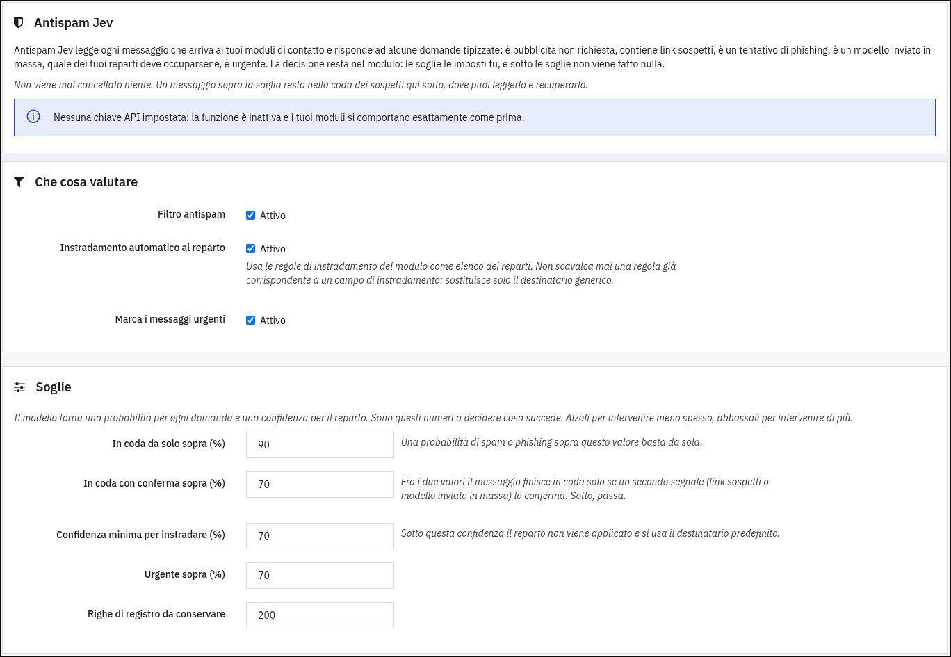 Screenshot der Funktion Antispam Jev des Kontaktformular-Moduls in der PrestaShop-9-Demo: wenn der API-Schlüssel fehlt, ist die Funktion inaktiv, dann was bewertet wird und die Schwellen für Warteschlange, Bestätigung, Abteilung und Dringlichkeit
