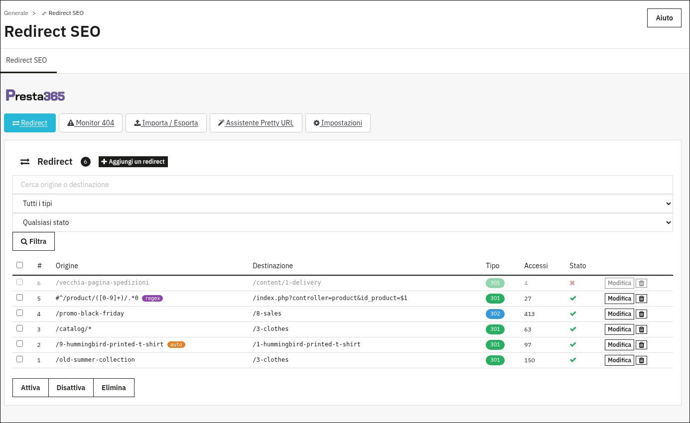 Captura del módulo Redirecciones SEO en PrestaShop 9 con la lista de redirecciones 301 y 302, reglas con comodines y accesos
