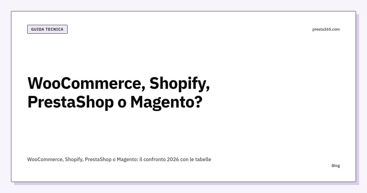 WooCommerce, Shopify, PrestaShop o Magento: il confronto 2026 con le tabelle