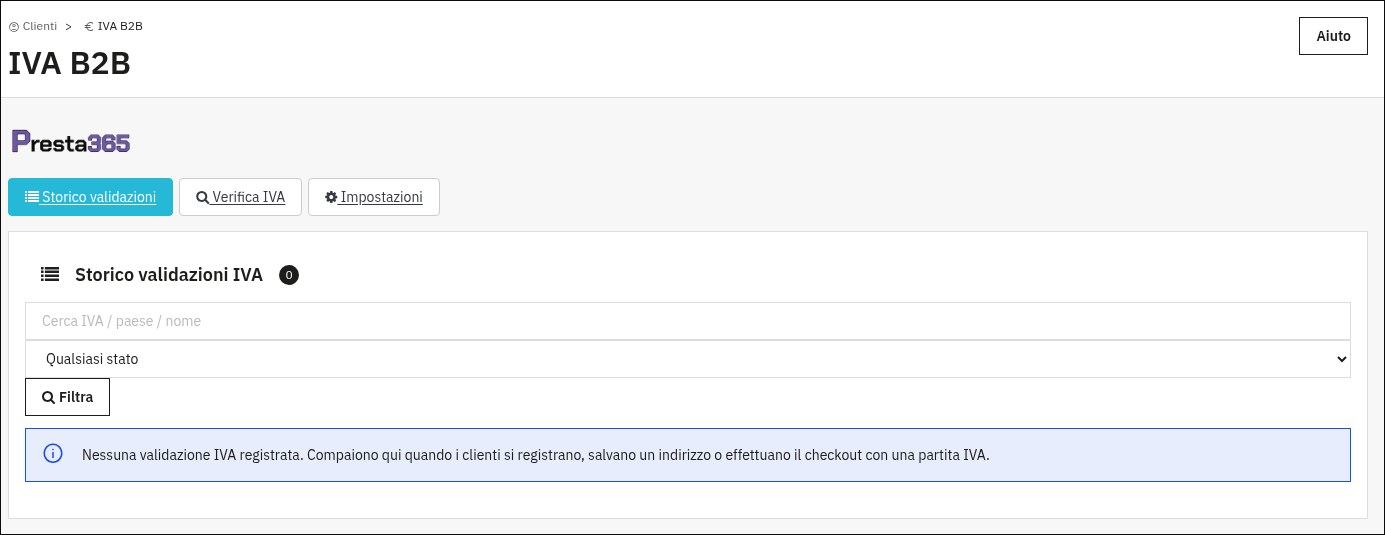 Screenshot des Moduls B2B-USt in PrestaShop 9 mit dem Verlauf der USt-Prüfungen