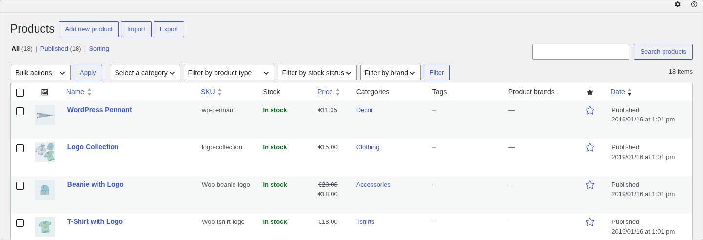 Screenshot der Produktliste im WooCommerce-Dashboard, mit Preisen, Lagerbeständen und Kategorien