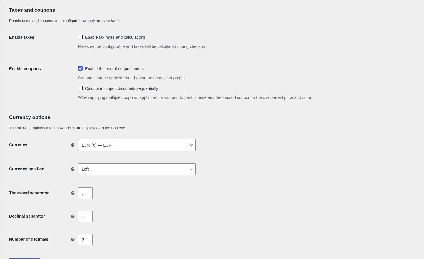 Schermata delle impostazioni generali di WooCommerce: imposte disattivate e una sola valuta, euro