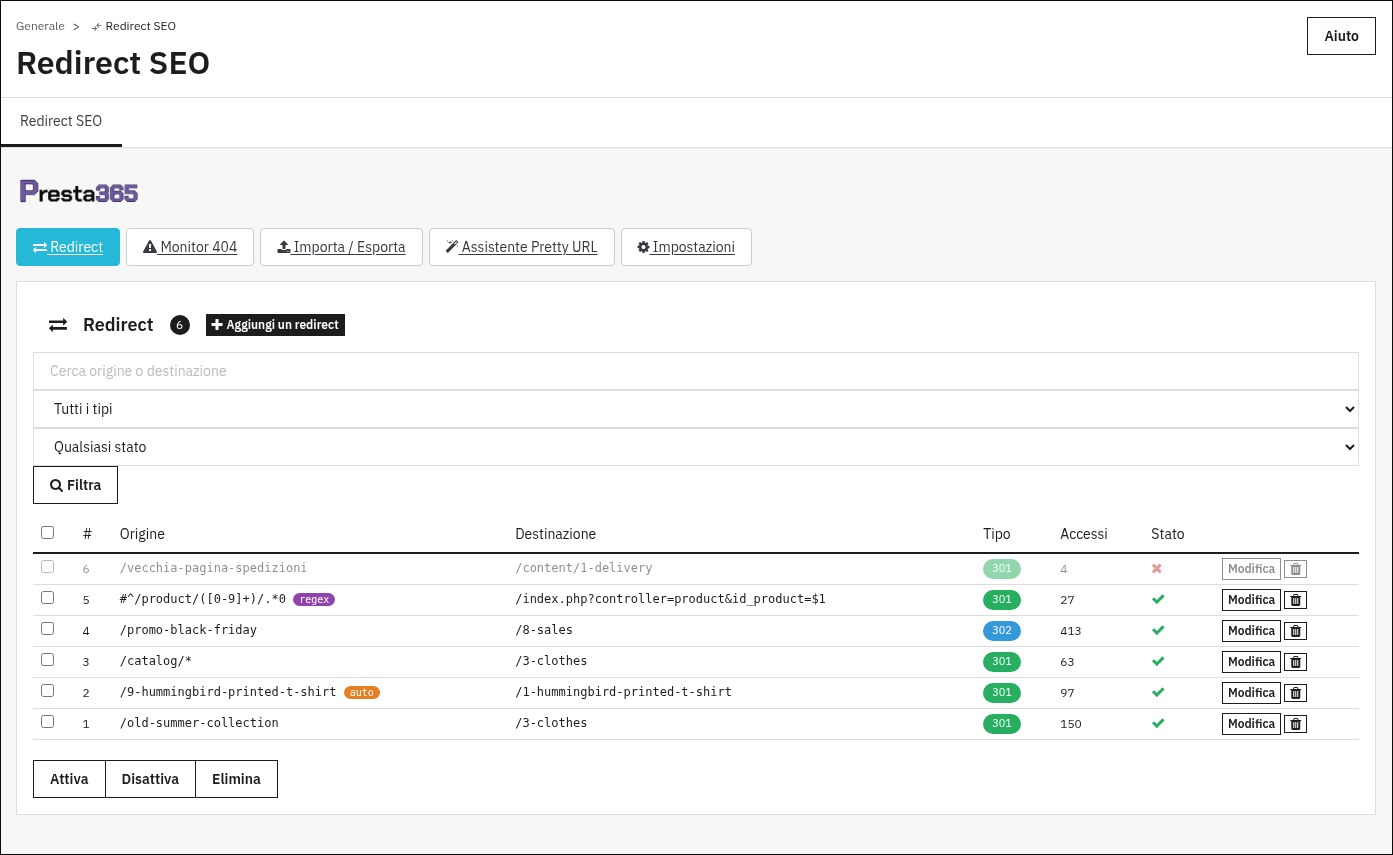 Screenshot des Moduls SEO-Weiterleitungen in der PrestaShop-9-Demo: Liste mit 301-Weiterleitungen und einer 302 für eine Aktion, mit Quelle, Ziel, Typ und Zugriffen