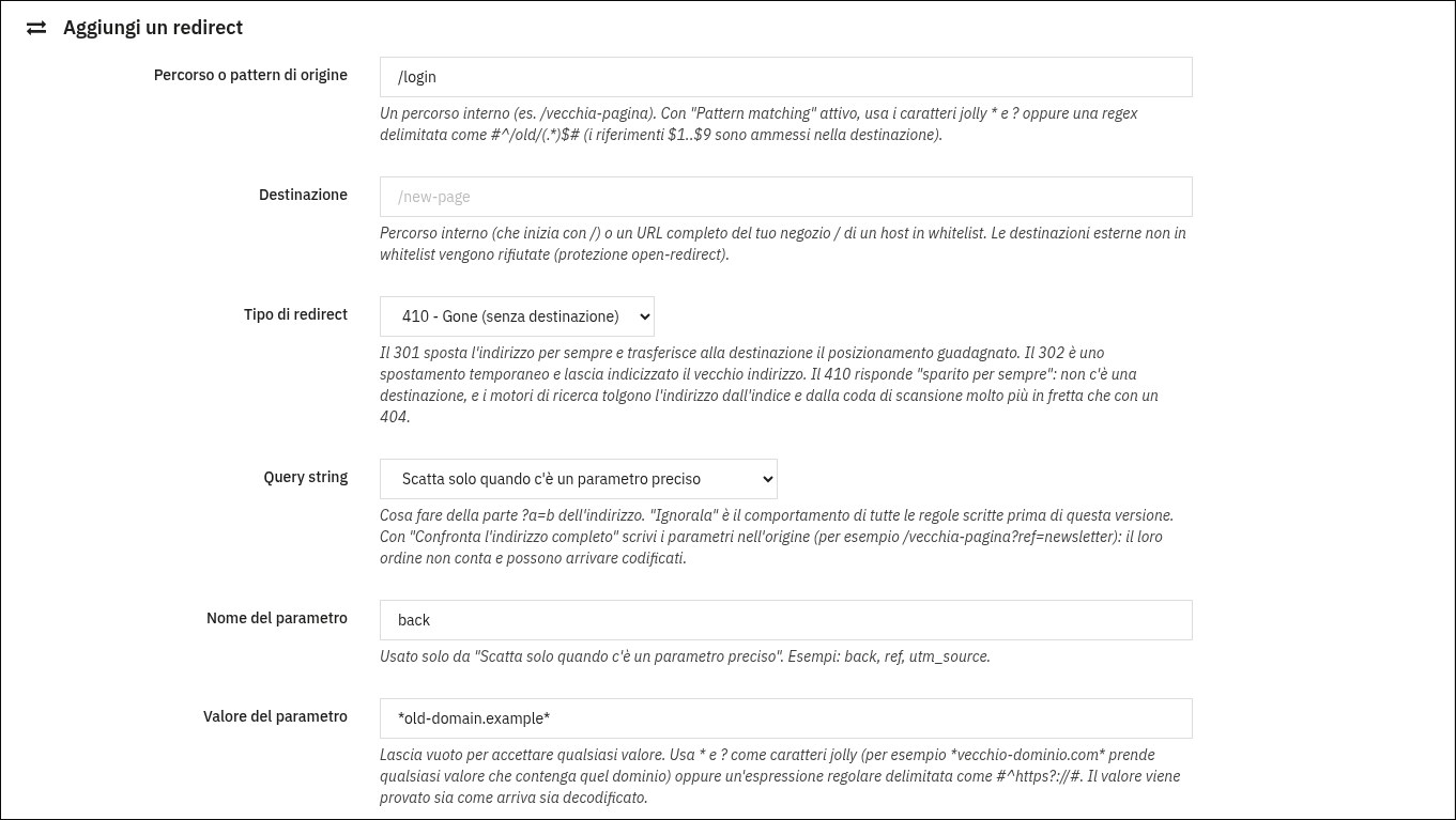Captura del módulo Redirecciones SEO en la demo de PrestaShop 9: nueva regla 410 en /login que solo salta cuando el parámetro back contiene el dominio antiguo
